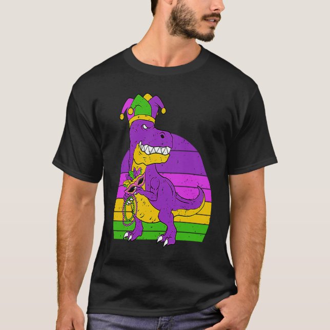 Jester Dinosaur Masquerade Mask Sleeping Mardi Gra T-Shirt (Vorderseite)