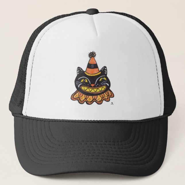 Jester Halloween Vintag Art Cartoon Cat Truckerkappe (Vorderseite)