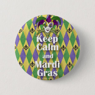 Jester Mask Behielt Calm und Mardi Gras Button
