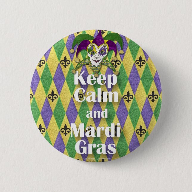 Jester Mask Behielt Calm und Mardi Gras Button (Vorderseite)