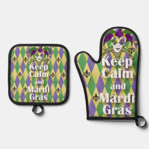 Jester Mask Behielt Calm und Mardi Gras Ofenhandschuh & Topflappen-Set