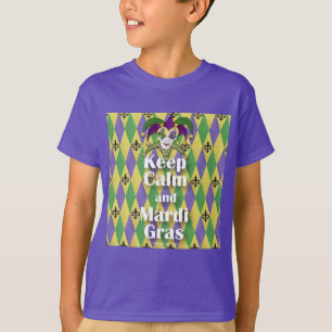 Jester Mask Behielt Calm und Mardi Gras T-Shirt