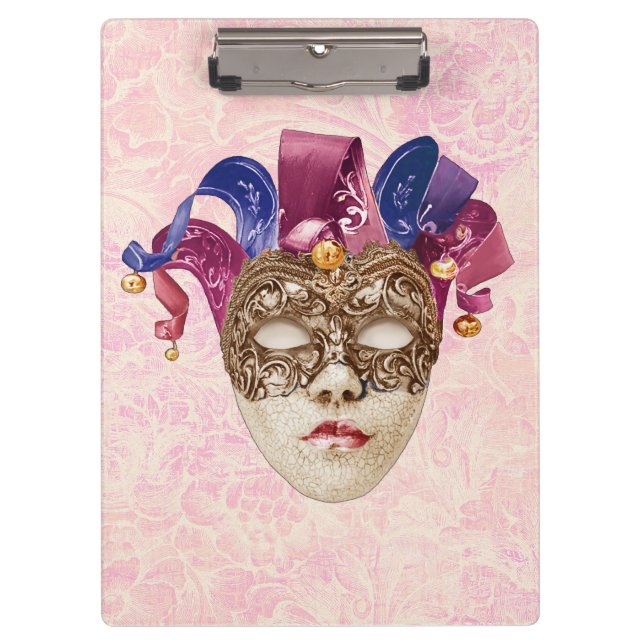 Jester Porcelain Mask mit Ribbons und Bells Klemmbrett (Vorderseite)