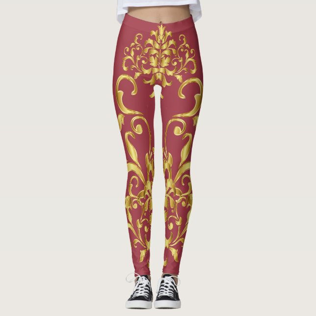 Jester Red mit Gold Damask Muster Athletic Leggings (Vorderseite)