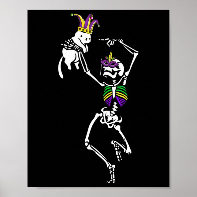 Jester Skeleton Dancing Cat Mardi Gras Mask Carniv Poster (Vorne)