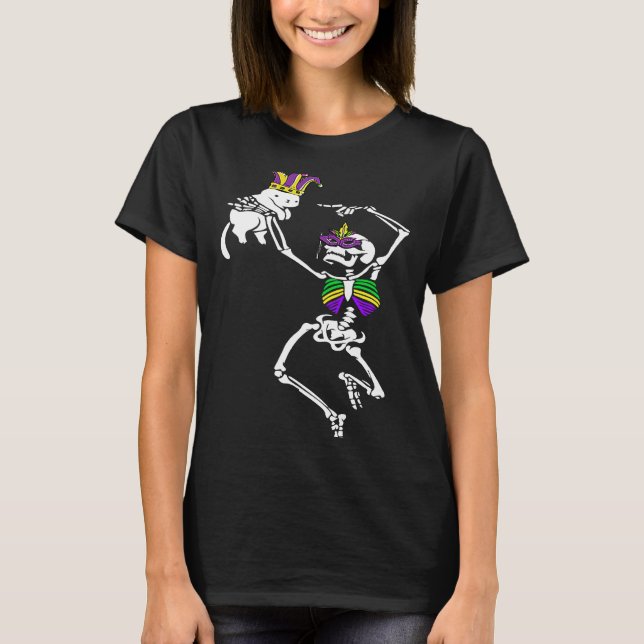 Jester Skeleton Dancing Cat Mardi Gras Mask Carniv T-Shirt (Vorderseite)