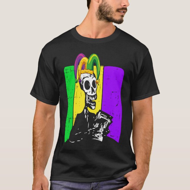 Jester Skeleton Reading Book Mardi Gras Reader Boo T-Shirt (Vorderseite)