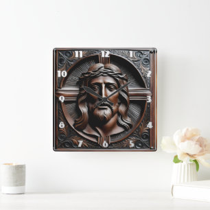 Jesu Christi Relief Kunst mit Krone der Thornen Quadratische Wanduhr