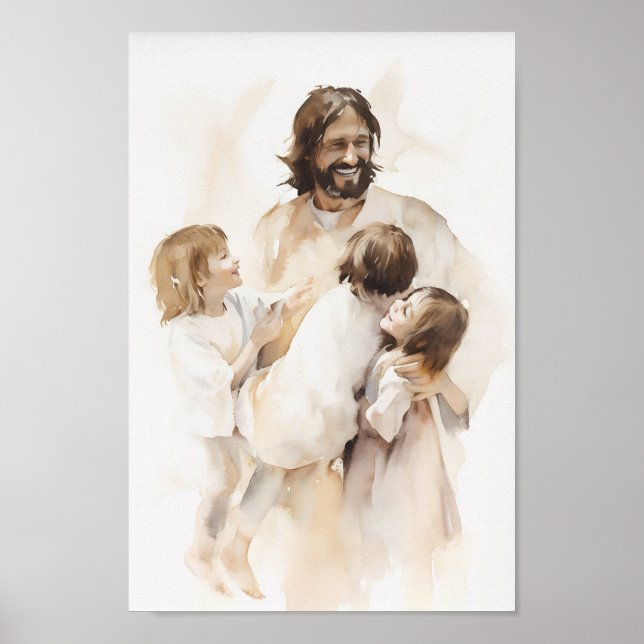 Jesu Spiel mit Kindern Aquarell Kunst drucken Poster (Vorne)