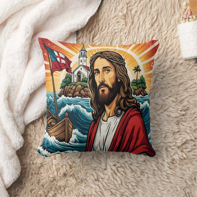 Jesus am Meer stehend mit einem Boot bei Sonnenunt Kissen (Decke)