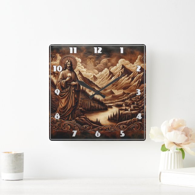 Jesus AmidMountains und Flusslandschaft Quadratische Wanduhr (Zuhause)