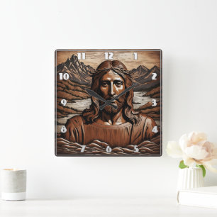 Jesus AmidMountains und Flusslandschaft Quadratische Wanduhr