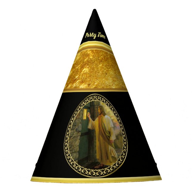 Jesus an deiner Tür in Goldfolie und schwarz Partyhütchen (Vorderseite)