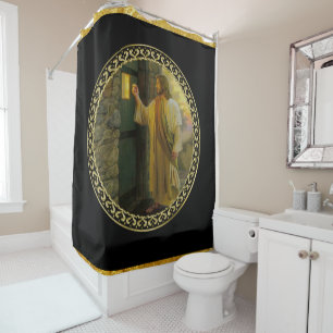 Jesus an Ihrer Tür in der Goldfolie und -SCHWARZE Duschvorhang