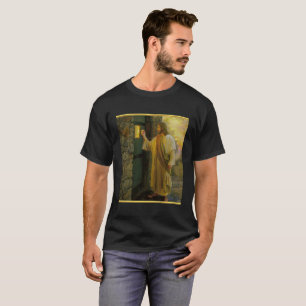 Jesus an Ihrer Tür mit einem Goldfolienentwurf T-Shirt
