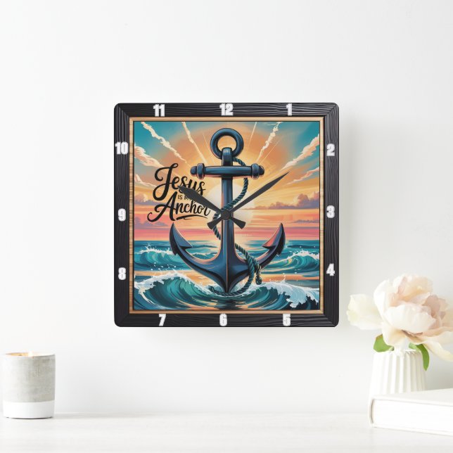 Jesus Anchor Waves Sunset Quadratische Wanduhr (Zuhause)