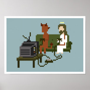 Jesus and Devil Play Video Games Pixel Art Poster