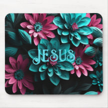 Jesus Aquamarin Floral Mouse Pad