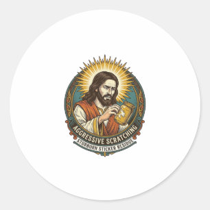 Jesus Ärgerliches Schälen von Aufkleberpapierreste Runder Aufkleber