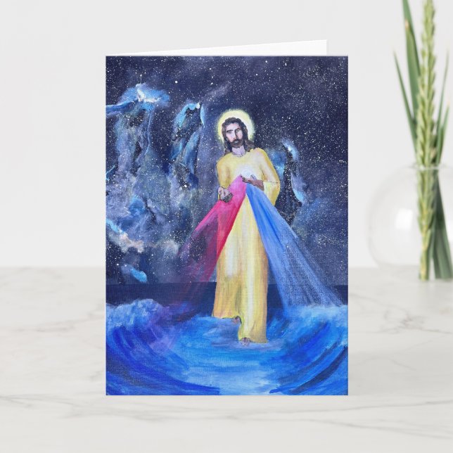 Jesus auf blauem Wasser mit Galaxie und äußerem Ra Dankeskarte (Vorderseite)