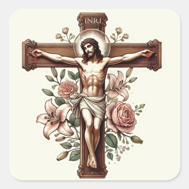 Jesus auf Crucifix mit Rose Religiös Quadratischer Aufkleber (Vorderseite)