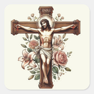 Jesus auf Crucifix mit Rose Religiös Quadratischer Aufkleber