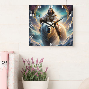 Jesus auf dem Eisbär Quadratische Wanduhr