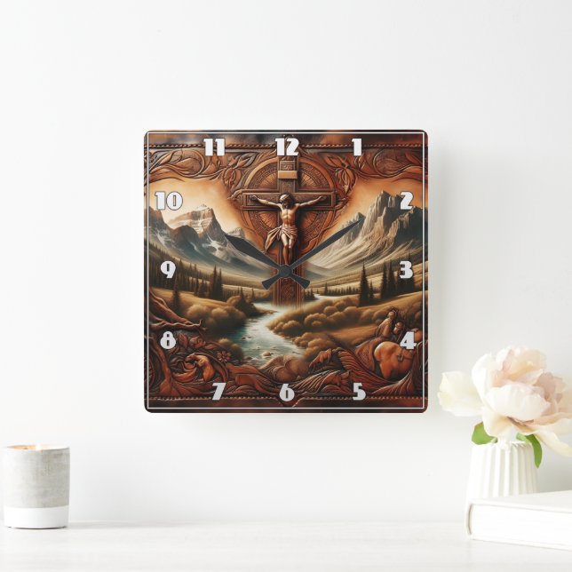 Jesus auf dem Kreuz umgeben von Natur bei Sonnenun Quadratische Wanduhr (Zuhause)