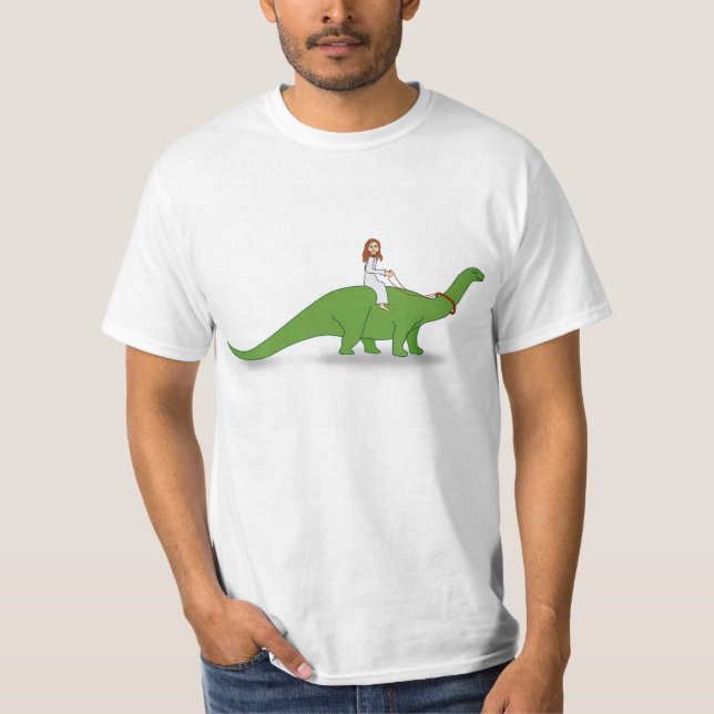 Jesus auf einem Brontosaurus T-Shirt (Vorderseite)