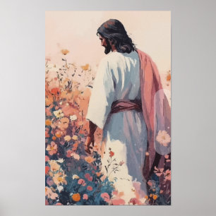 Jesus auf einem Wildblumenfeld - Pastell Christlic Poster