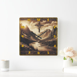 Jesus auf Kreuz mit Bergsicht Quadratische Wanduhr