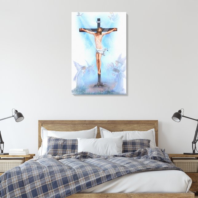 Jesus auf Kreuz mit Vögeln gezackte Canvas Leinwanddruck (Insitu (Schlafzimmer))