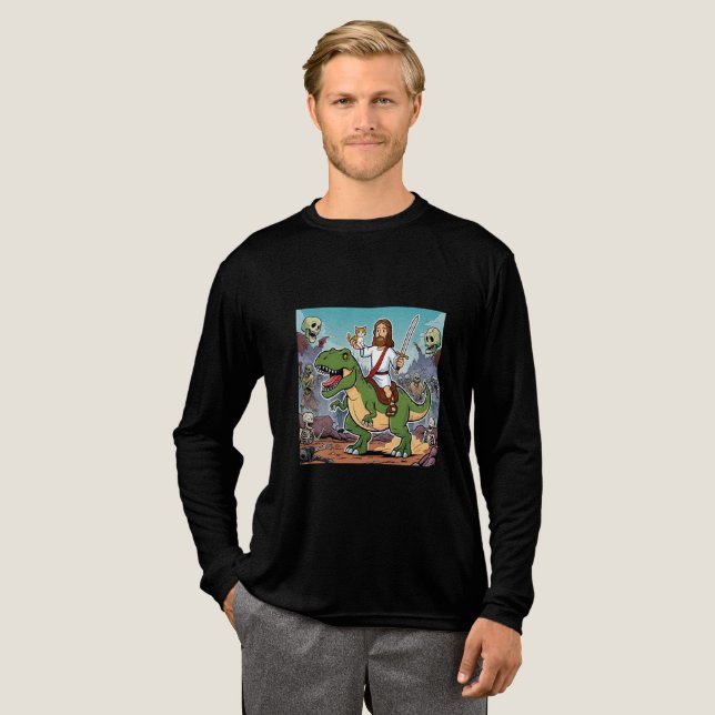 Jesus auf T-Rex-Cartoon Tri-Blend Shirt (Volle Vorderseite)