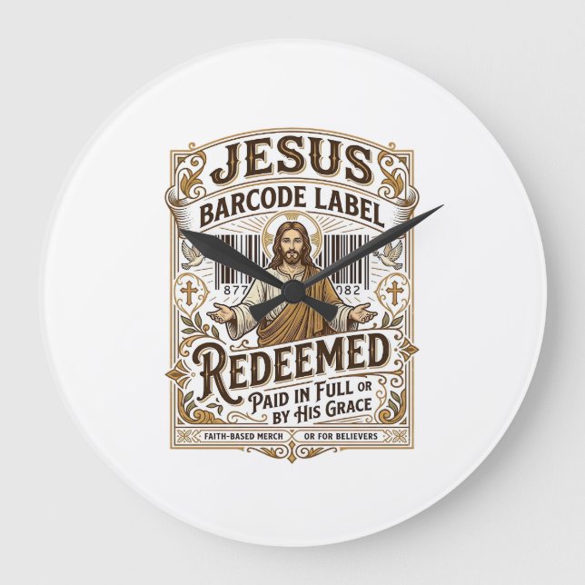 Jesus Barcode Etikett Erlöst Jesus Barcode Erlöst Große Wanduhr (Vorderseite)