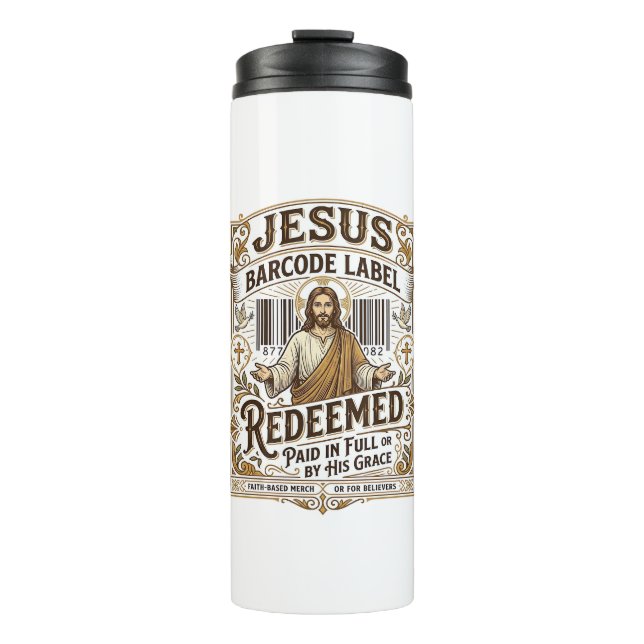 Jesus Barcode Etikett Erlöst Jesus Barcode Erlöst Thermosbecher (Vorderseite)
