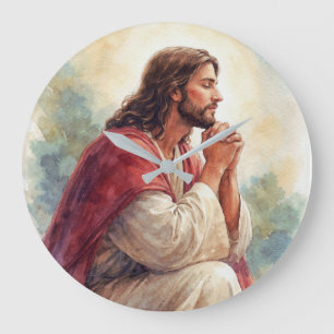 Jesus betend Wasserfarben Kunst   Christlicher Gla Große Wanduhr