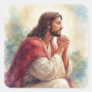 Jesus betend Wasserfarben Kunst   Christlicher Gla Quadratischer Aufkleber