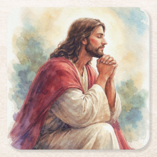 Jesus betend Wasserfarben Kunst Christlicher Gla Rechteckiger Pappuntersetzer