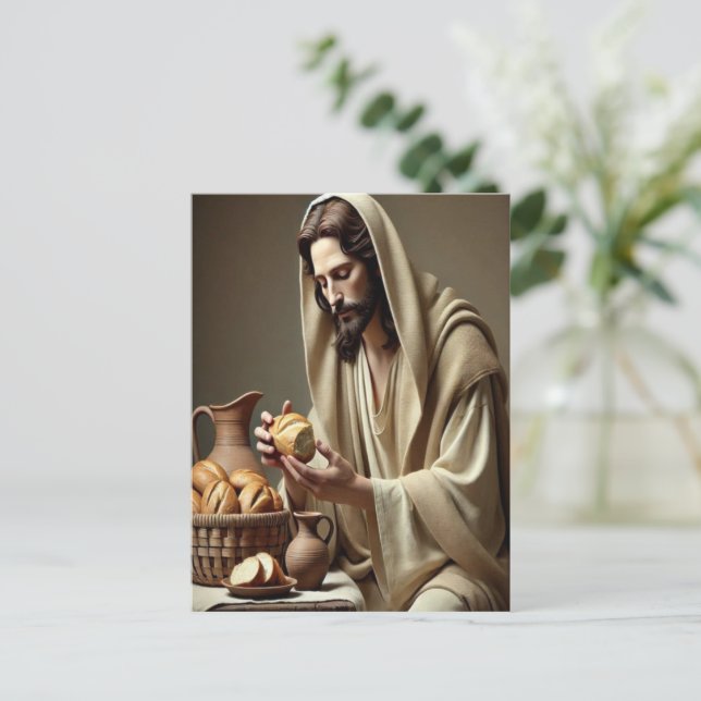 Jesus Breaking Brot mit Gentle Grace Postkarte (Stehend Vorderseite)