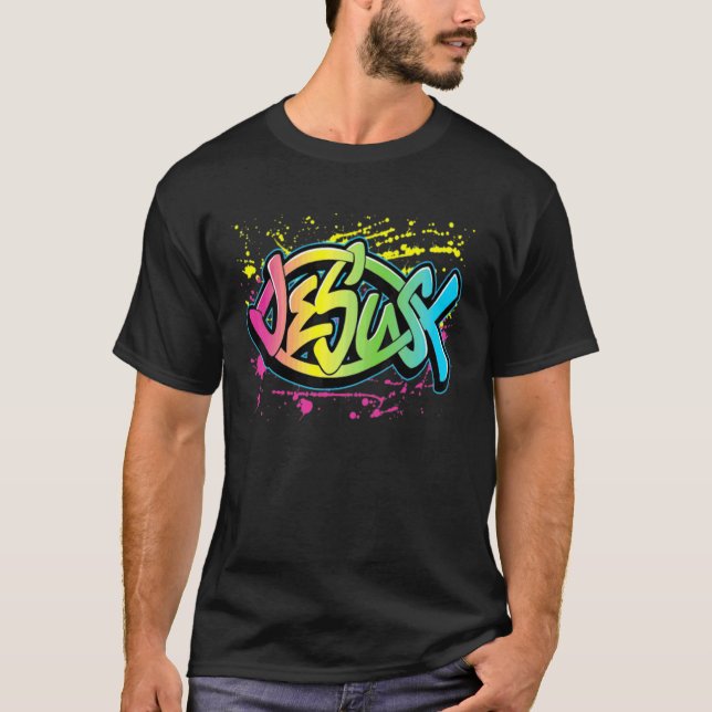 Jesus Bunte Fischform T-Shirt (Vorderseite)
