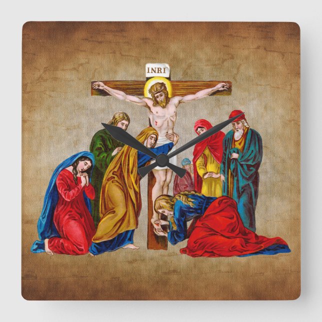 JESUS CHRIST AUF DER CROSS-SCHALTFLÄCHE QUADRATISCHE WANDUHR (Vorderseite)