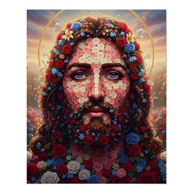 Jesus Christ Floral Mosaic Portrait Spiritual Wall Poster (Vorderseite)