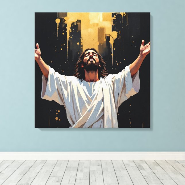Jesus Christ Our Savior | Black and Gold Leinwanddruck (Insitu (Holzboden))