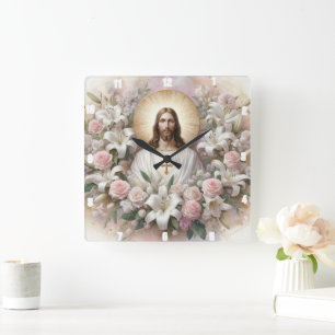 Jesus Christ umgeben von Lilies-Rose Quadratische Wanduhr
