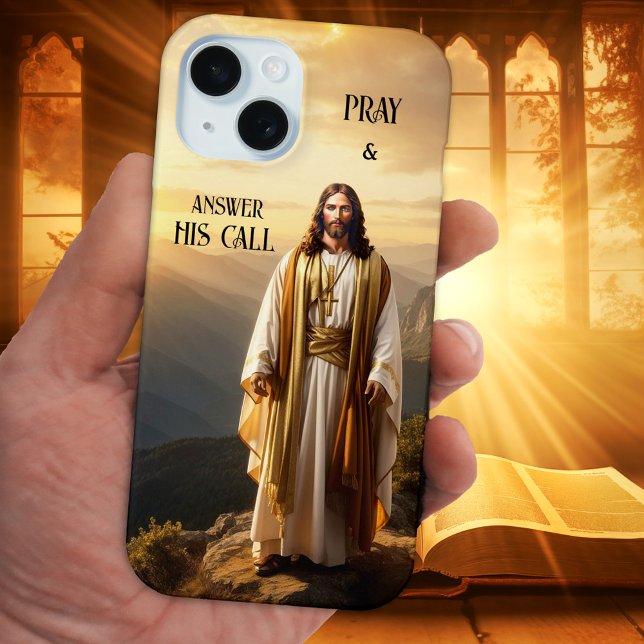 Jesus Christus Christlich spirituell Case-Mate iPhone Hülle (Spiritual phone case showing a painting of Jesus Christ in a mountain landscape at sunset - religion)