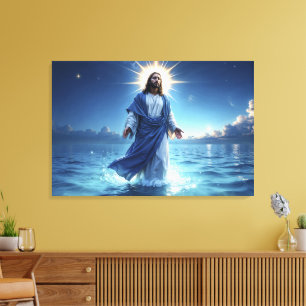 Jesus Christus geht auf der biblischen Wasserszene Leinwanddruck