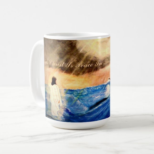 "Jesus Christus ist Frieden mitten im Sturm" Kaffeetasse (Vorderseite Links)