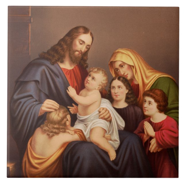 Jesus Christus mit Kindern Premium Fine Art Fliese (Vorderseite)