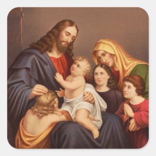 Jesus Christus mit Kindern Premium Fine Art Quadratischer Aufkleber