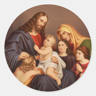 Jesus Christus mit Kindern Premium Fine Art Runder Aufkleber